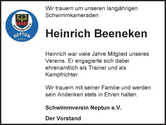 Traueranzeige von Heinrich Beeneken von Emder Zeitung