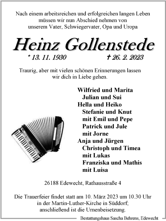 Traueranzeige von Heinz Gollenstede von Nordwest-Zeitung