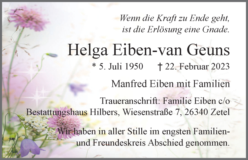  Traueranzeige für Helga Eiben-van Geuns vom 18.03.2023 aus WZ/JW/AH