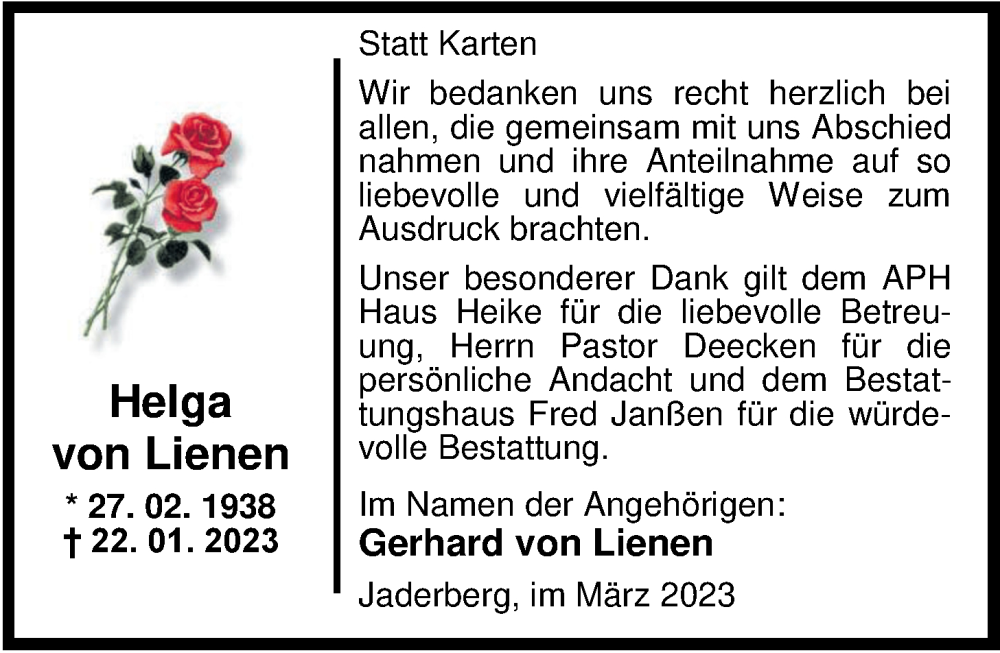  Traueranzeige für Helga von Lienen vom 04.03.2023 aus Nordwest-Zeitung