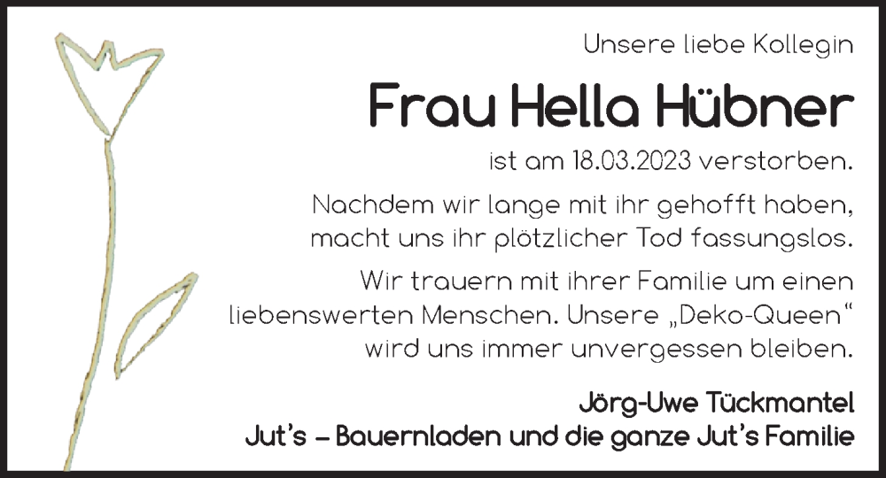  Traueranzeige für Hella Hübner vom 24.03.2023 aus Nordwest-Zeitung