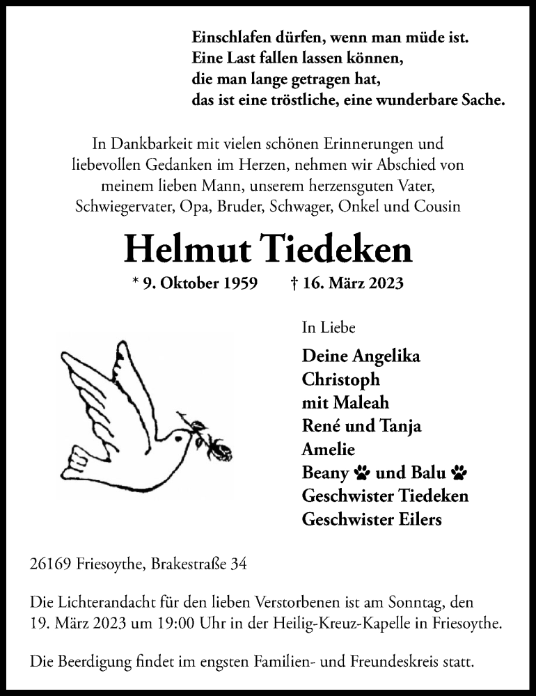  Traueranzeige für Helmut Tiedeken vom 18.03.2023 aus Nordwest-Zeitung