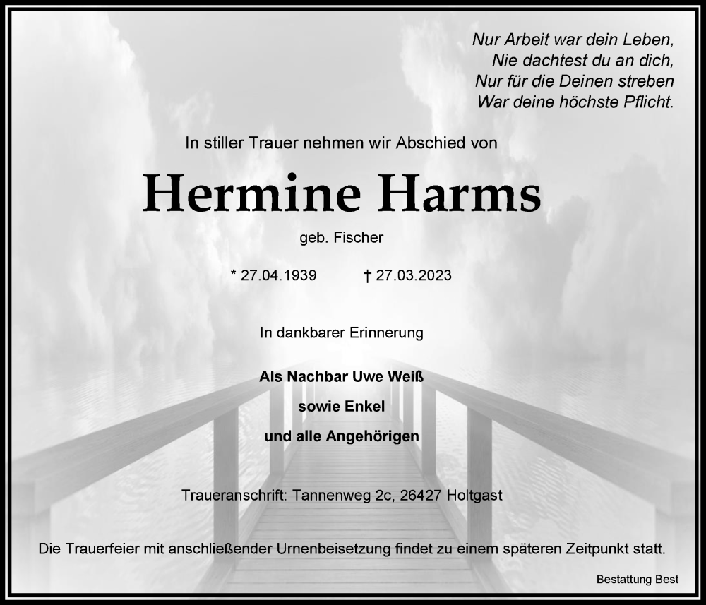  Traueranzeige für Hermine Harms vom 30.03.2023 aus Nordwest-Zeitung