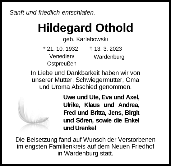 Traueranzeige von Hildegard Othold von Nordwest-Zeitung