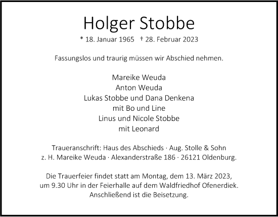 Traueranzeige von Holger Stobbe von Nordwest-Zeitung