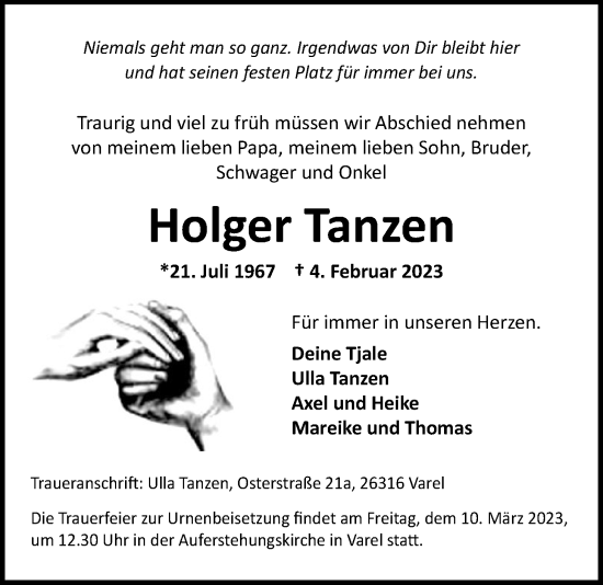Traueranzeige von Holger Tanzen von Nordwest-Zeitung