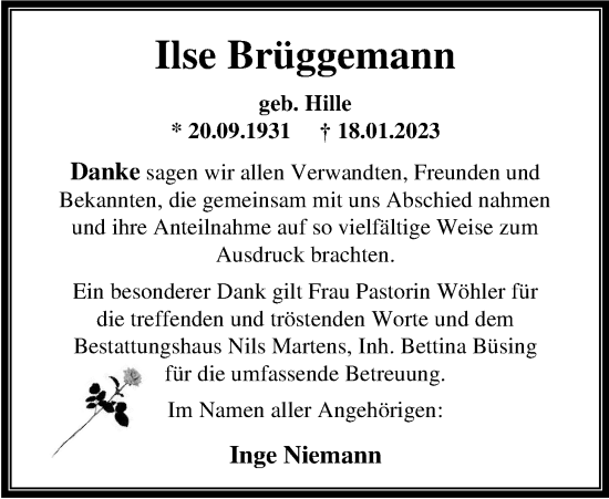 Traueranzeige von Ilse Brüggemann von Nordwest-Zeitung