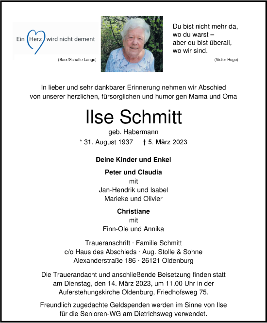 Traueranzeige von Ilse Schmitt von Nordwest-Zeitung