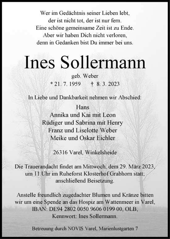 Traueranzeige von Ines Sollermann von Nordwest-Zeitung