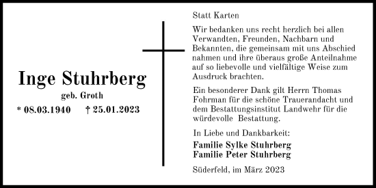 Traueranzeige von Inge Stuhrberg von Nordwest-Zeitung