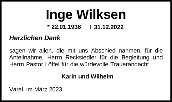 Traueranzeige von Inge Wilksen von Nordwest-Zeitung