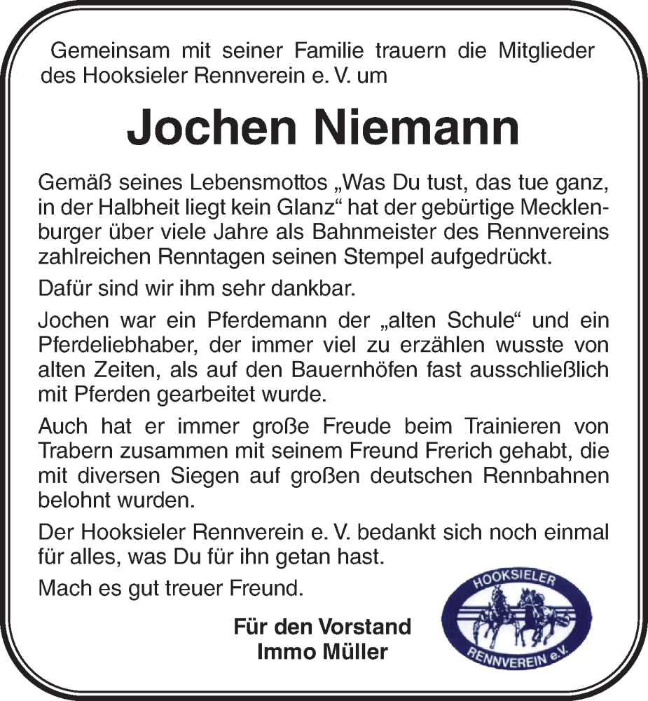  Traueranzeige für Jochen Niemann vom 30.03.2023 aus WZ/JW/AH