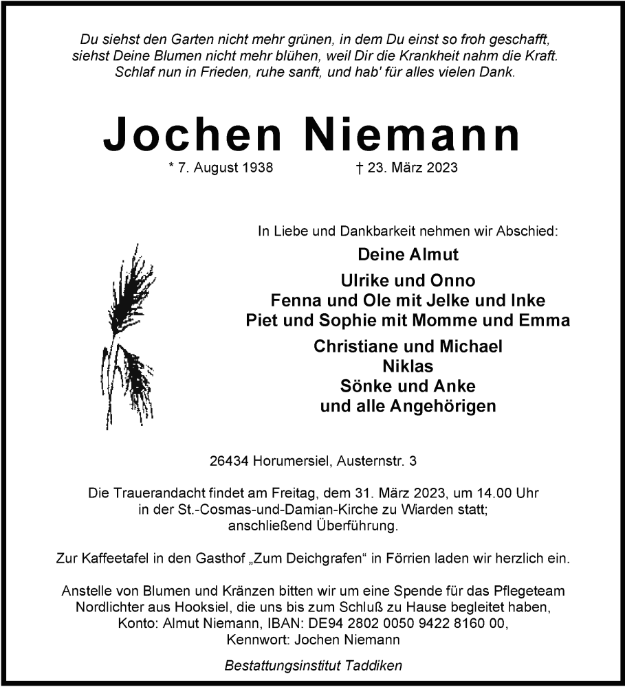  Traueranzeige für Jochen Niemann vom 28.03.2023 aus WZ/JW/AH