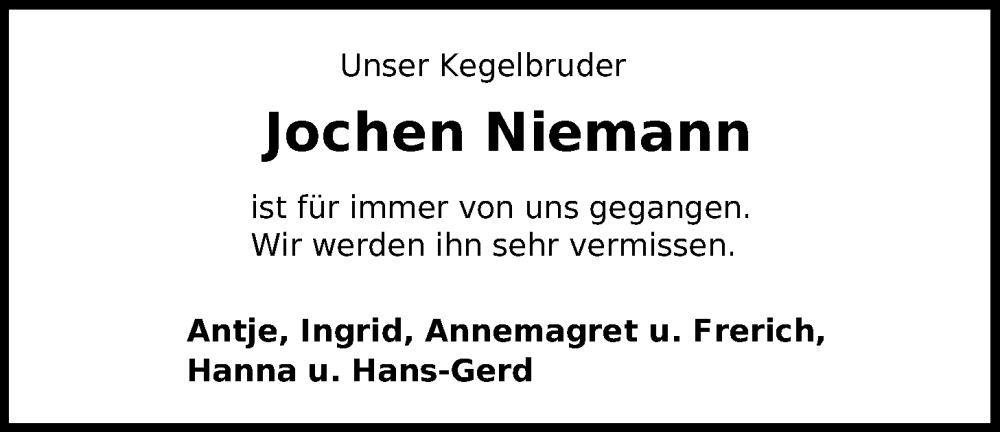  Traueranzeige für Jochen Niemann vom 30.03.2023 aus WZ/JW/AH