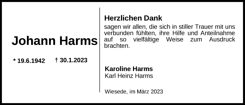  Traueranzeige für Johann Harms vom 23.03.2023 aus WZ/JW/AH