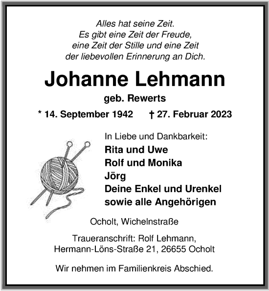 Traueranzeige von Johanne Lehmann von Nordwest-Zeitung