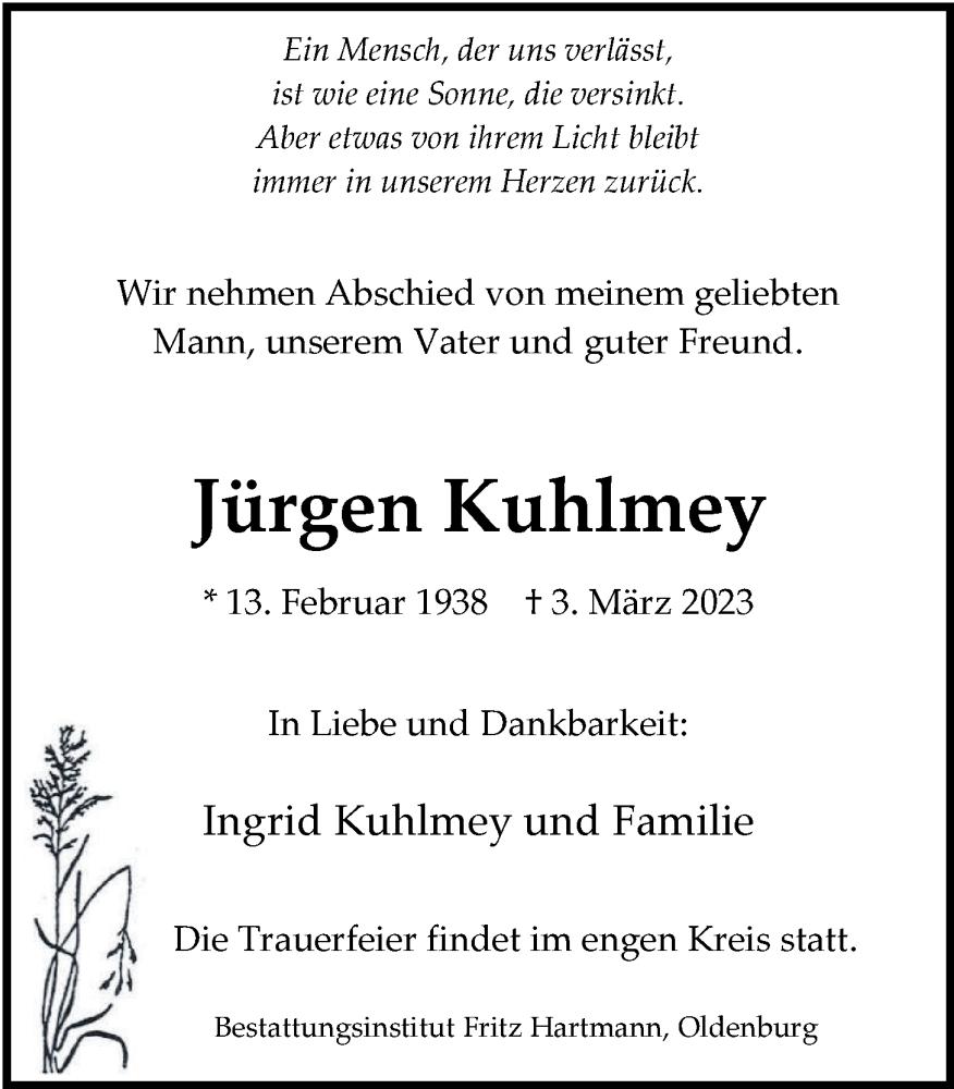  Traueranzeige für Jürgen Kuhlmey vom 11.03.2023 aus Nordwest-Zeitung