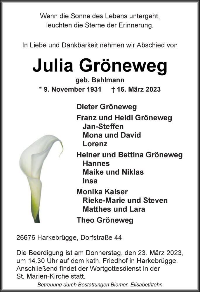  Traueranzeige für Julia Gröneweg vom 18.03.2023 aus Nordwest-Zeitung