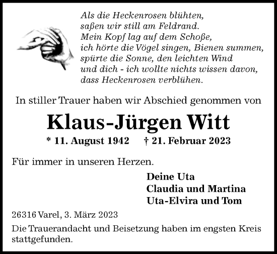 Traueranzeige von Klaus-Jürgen Witt von Nordwest-Zeitung