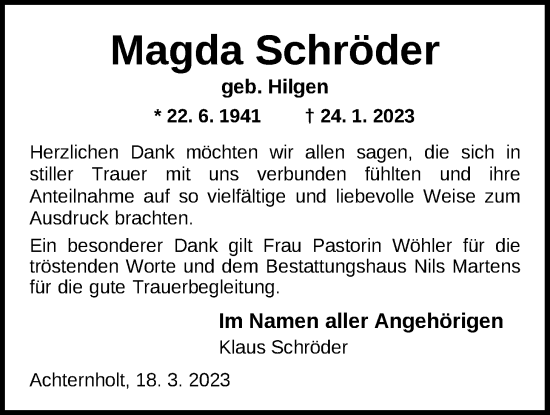 Traueranzeige von Magda Schröder von Nordwest-Zeitung