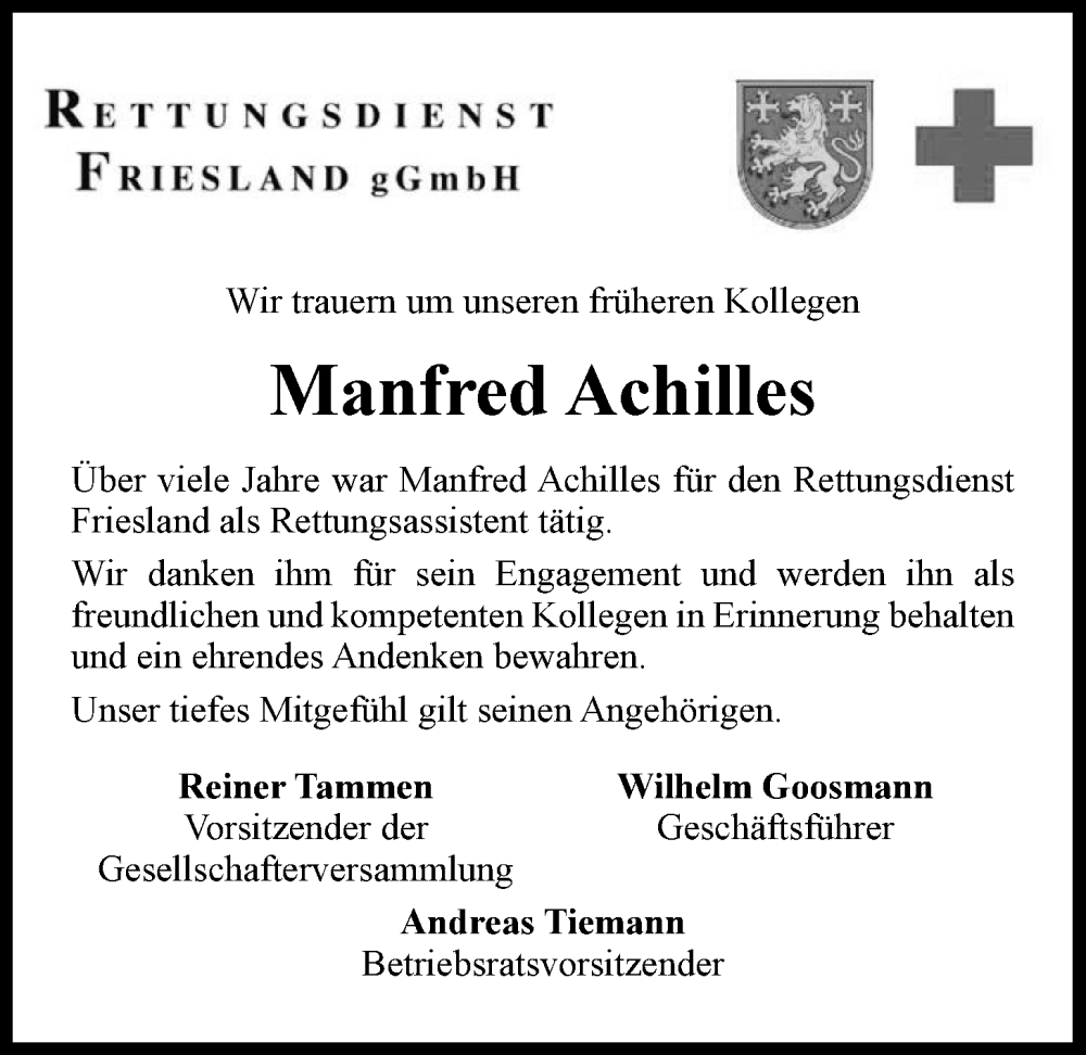  Traueranzeige für Manfred Achilles vom 11.03.2023 aus Nordwest-Zeitung