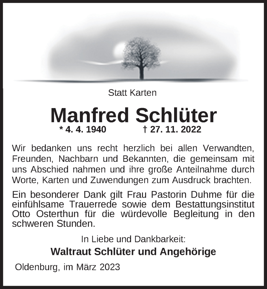  Traueranzeige für Manfred Schlüter vom 04.03.2023 aus Nordwest-Zeitung