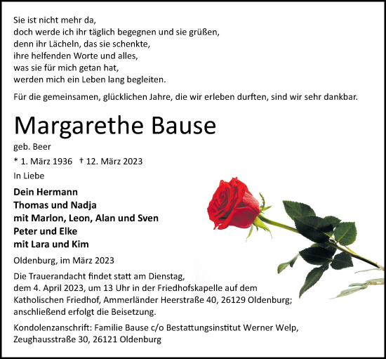 Traueranzeige von Margarethe Bause von Nordwest-Zeitung