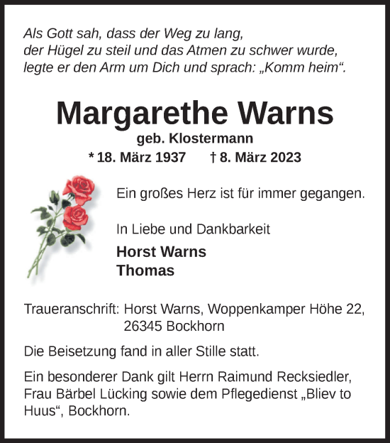 Traueranzeige von Margarethe Warns von Nordwest-Zeitung