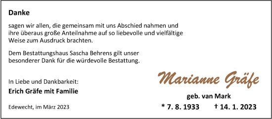 Traueranzeige von Marianne Gräfe von Nordwest-Zeitung