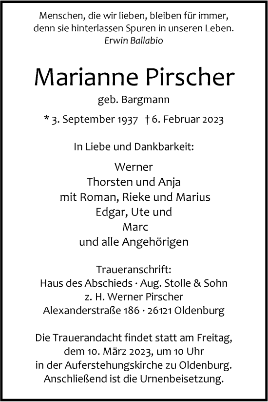 Traueranzeige von Marianne Pirscher von Nordwest-Zeitung