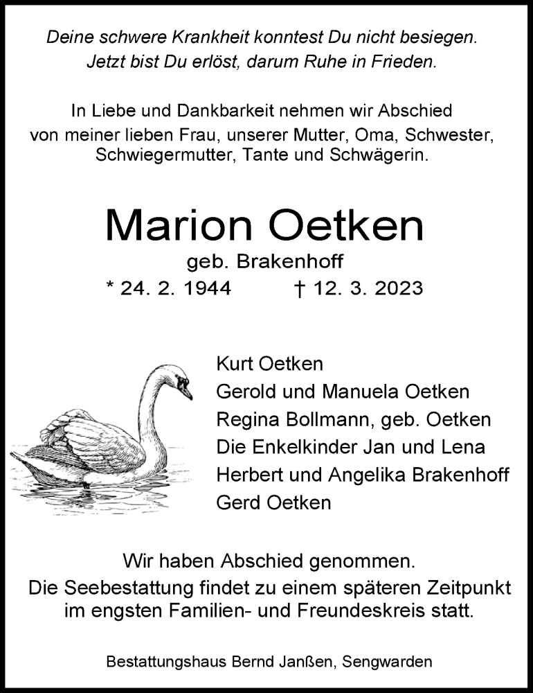  Traueranzeige für Marion Oetken vom 18.03.2023 aus WZ/JW/AH