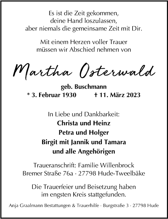 Traueranzeige von Martha Ostertwald von Nordwest-Zeitung