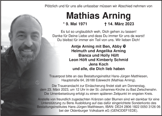 Traueranzeige von Mathias Arning von Nordwest-Zeitung