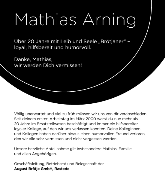 Traueranzeige von Mathias Arning von Nordwest-Zeitung