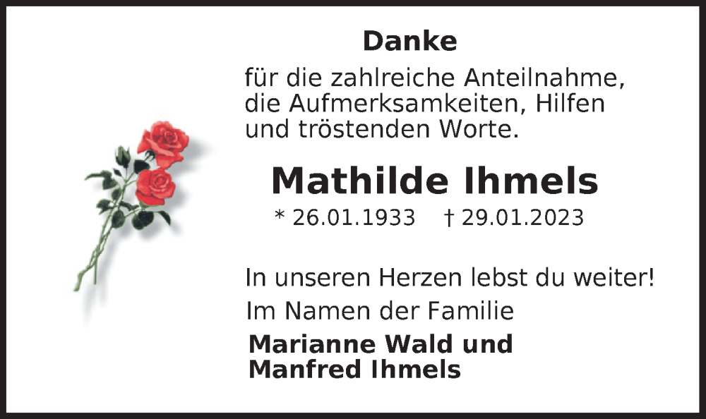  Traueranzeige für Mathilde Ihmels vom 25.03.2023 aus WZ/JW/AH