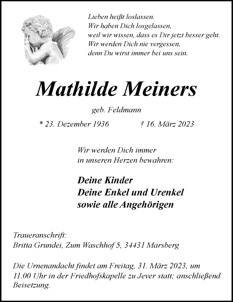  Traueranzeige für Mathilde Meiners vom 18.03.2023 aus WZ/JW/AH