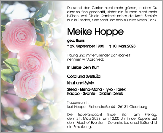 Traueranzeige von Meike Hoppe von Nordwest-Zeitung