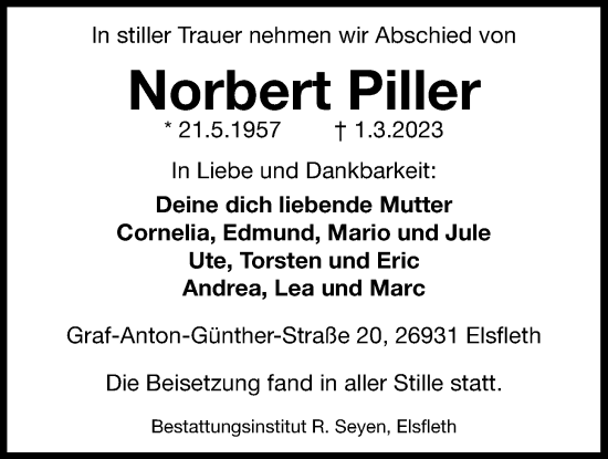 Traueranzeige von Norbert Piller von Nordwest-Zeitung