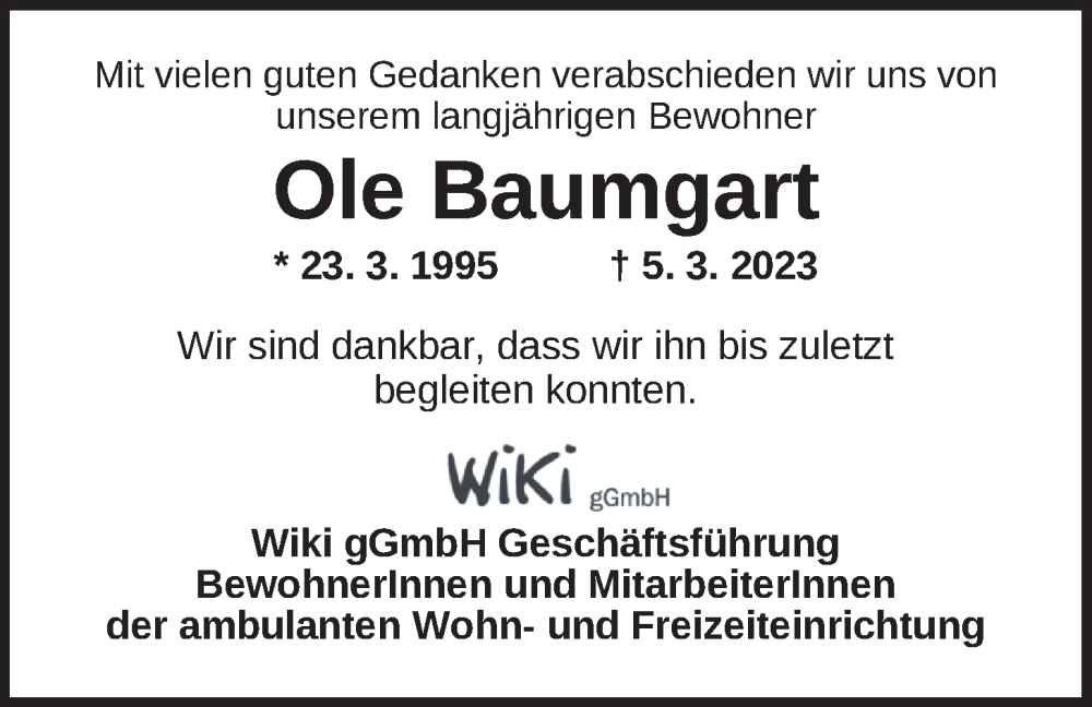 Traueranzeige für Ole Baumgart vom 11.03.2023 aus WZ/JW/AH