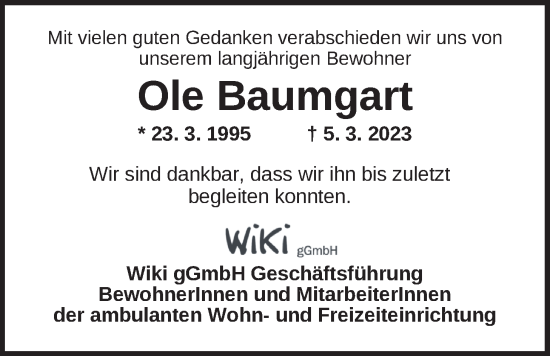 Traueranzeige von Ole Baumgart von WZ/JW/AH