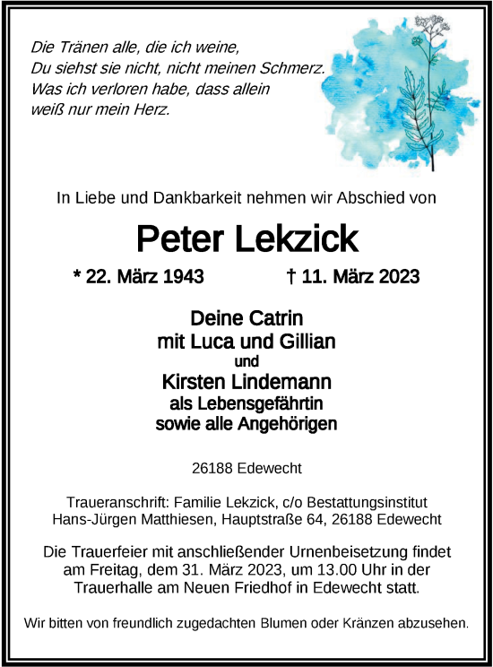 Traueranzeige von Peter Lekzick von Nordwest-Zeitung