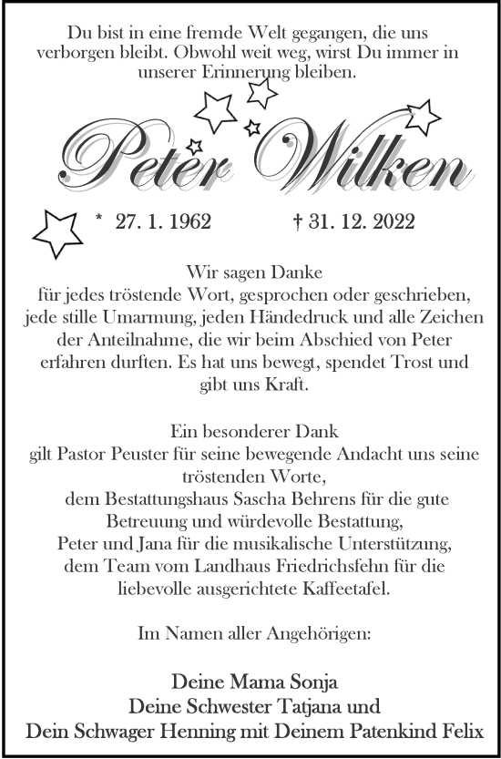 Traueranzeige von Peter Wilken von Nordwest-Zeitung