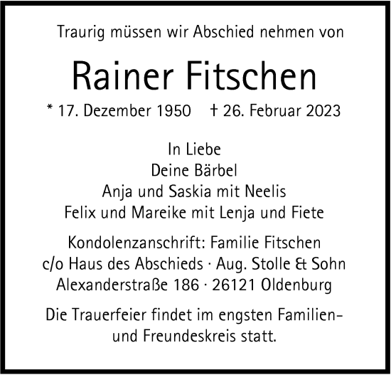Traueranzeige von Rainer Fitschen von Nordwest-Zeitung