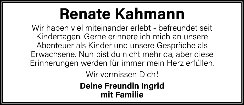  Traueranzeige für Renate Kahmann vom 07.03.2023 aus Nordwest-Zeitung