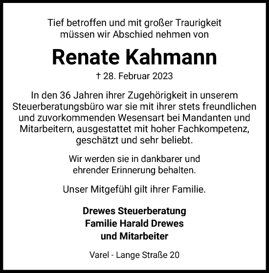 Traueranzeige von Renate Kahmann von Nordwest-Zeitung