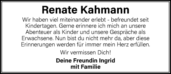 Traueranzeige von Renate Kahmann von Nordwest-Zeitung