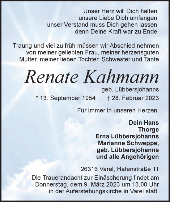 Traueranzeige von Renate Kahmann von Nordwest-Zeitung