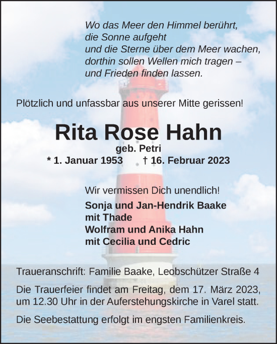 Traueranzeige von Rita Rose Hahn von Nordwest-Zeitung
