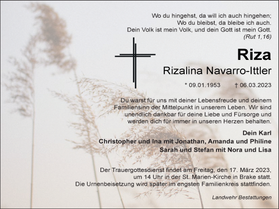 Traueranzeige von Rizalina Navarro-Ittler von Nordwest-Zeitung