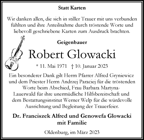 Traueranzeige von Robert Glowacki von Nordwest-Zeitung